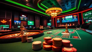 Excited players engaging with 888now in a vibrant casino atmosphere, featuring roulette and poker games.