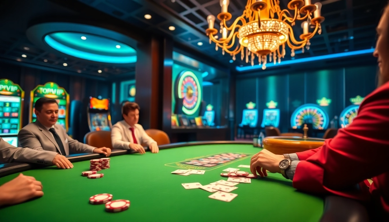 TOPVIP poker table with high-stakes chips and glamorous atmosphere for gamblers.