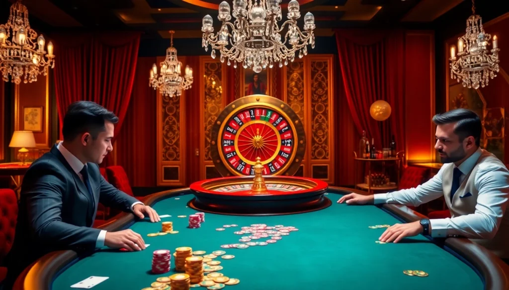 High-stakes poker action in a luxurious casino showcasing mm88 betting excitement.