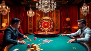 High-stakes poker action in a luxurious casino showcasing mm88 betting excitement.