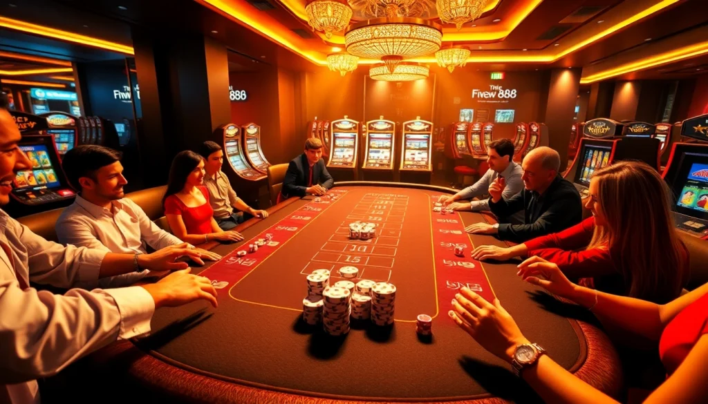 Enthusiastic players enjoying casino games at new888 with vibrant tables and slot machines.