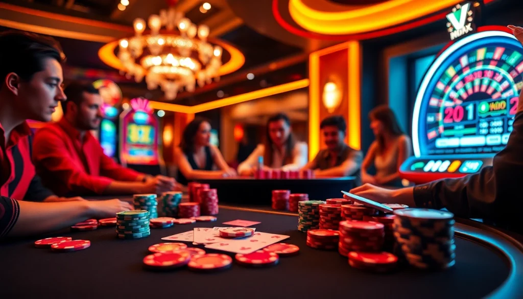 Vmax casino scene with poker chips and a glowing roulette wheel, depicting high-stakes gambling excitement.