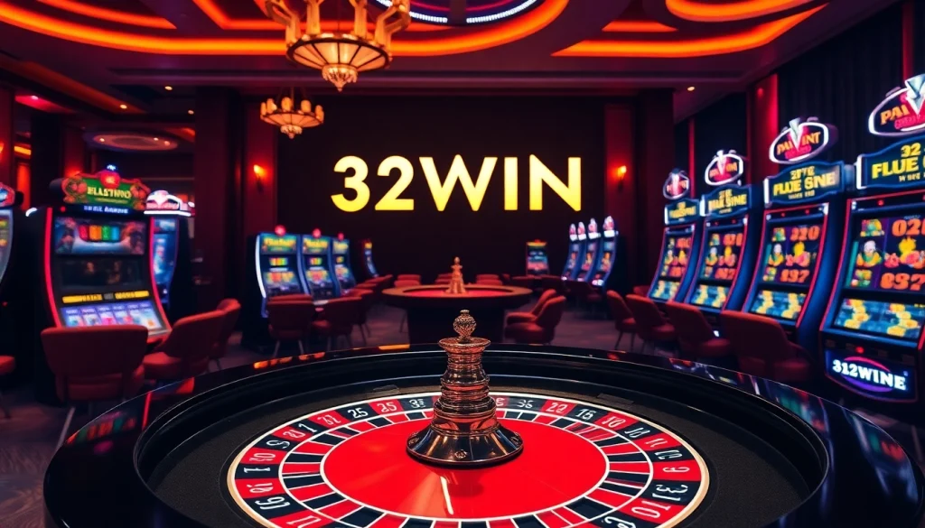 Exciting gaming action at 32WIN featuring a roulette table, poker chips, and elegant casino ambiance.