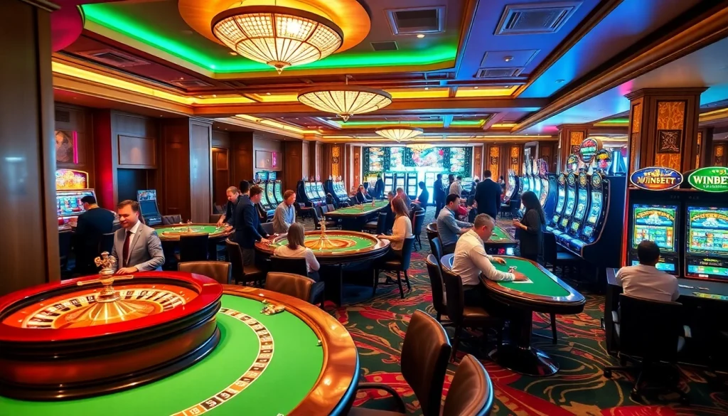 WINBET casino scene with vibrant gaming elements, showcasing poker, roulette, and slots.