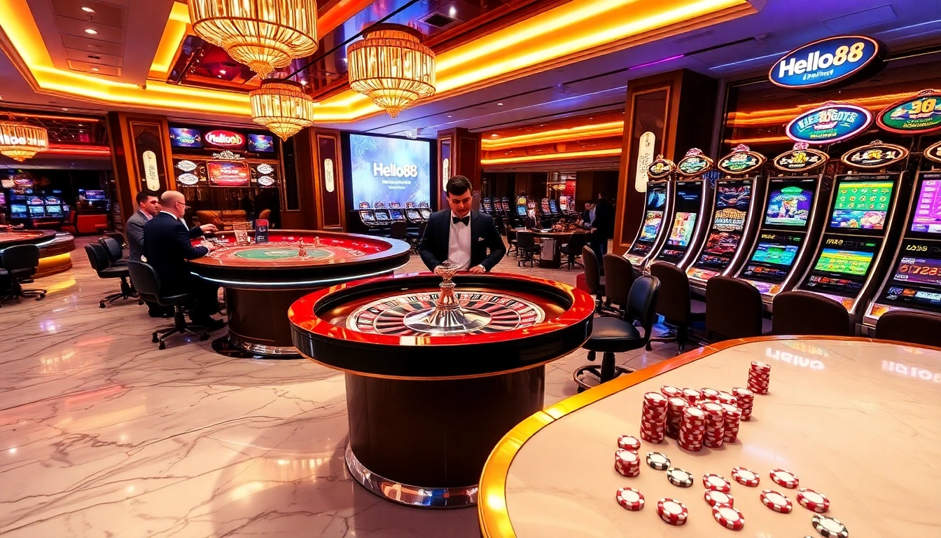 Casino gaming scene featuring Hello88 branding with players at roulette table and slot machines.