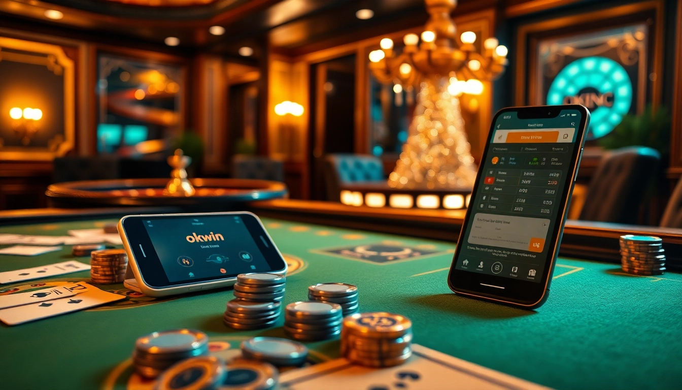 Experience the thrill of online gaming with the okwin app amidst a luxurious casino atmosphere.