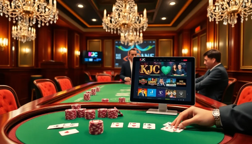 Players enjoy exciting table games at KJC casino, featuring vibrant poker chips and elegant cards.