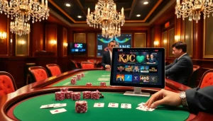 Players enjoy exciting table games at KJC casino, featuring vibrant poker chips and elegant cards.