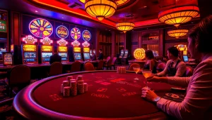Experience the excitement of Okfun with luxury casino gaming featuring vibrant slot machines and poker tables.