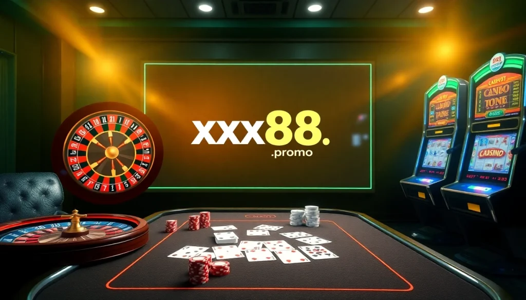 Players reveling in the excitement of xx88.promo's online casino offerings with vibrant tables and spinning slots.