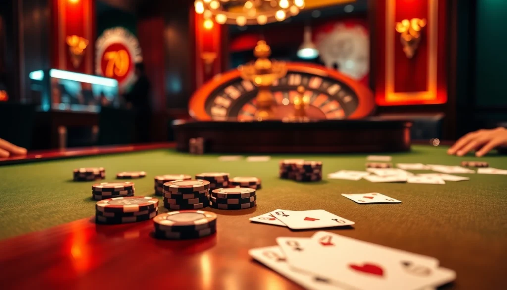 79king players strategizing at an upscale poker table, surrounded by vibrant chips and cards.