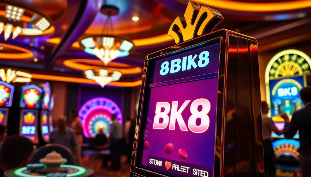 Spinning the reels on bk8 สล็อต at a vibrant, luxurious casino with exciting gaming elements.