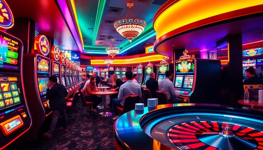 Experience the thrill of slot88 at a luxurious casino with excited players and vibrant machines.
