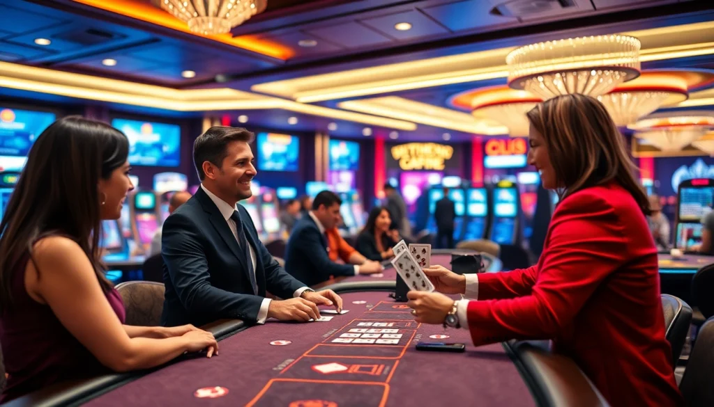 에볼루션 카지노에서 라이브 딜러와 상호작용하는 카지노 장면을 보여줍니다.