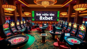 Experience thrilling moments in a luxurious casino with "link vào 8xbet" as players engage passionately at poker tables, highlighting a vibrant gaming atmosphere.