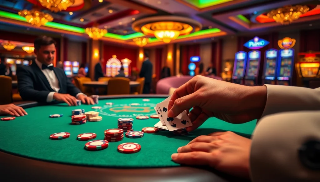 Betting excitement at https://www.6l777.club/ with players enjoying poker amid luxury casino elements.