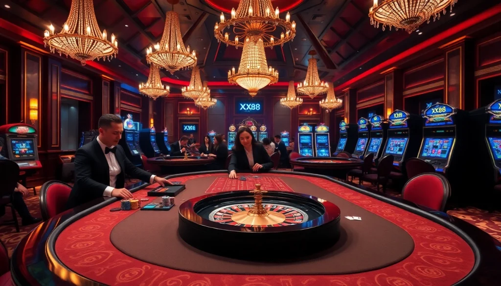 Players enjoying high-stakes games at a glamorous casino showcasing XX88 poker chips and tables.
