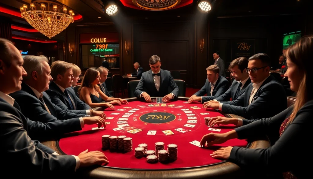 A thrilling scene featuring players at a 789f poker table, focused on an exciting game with vibrant chips and cards.