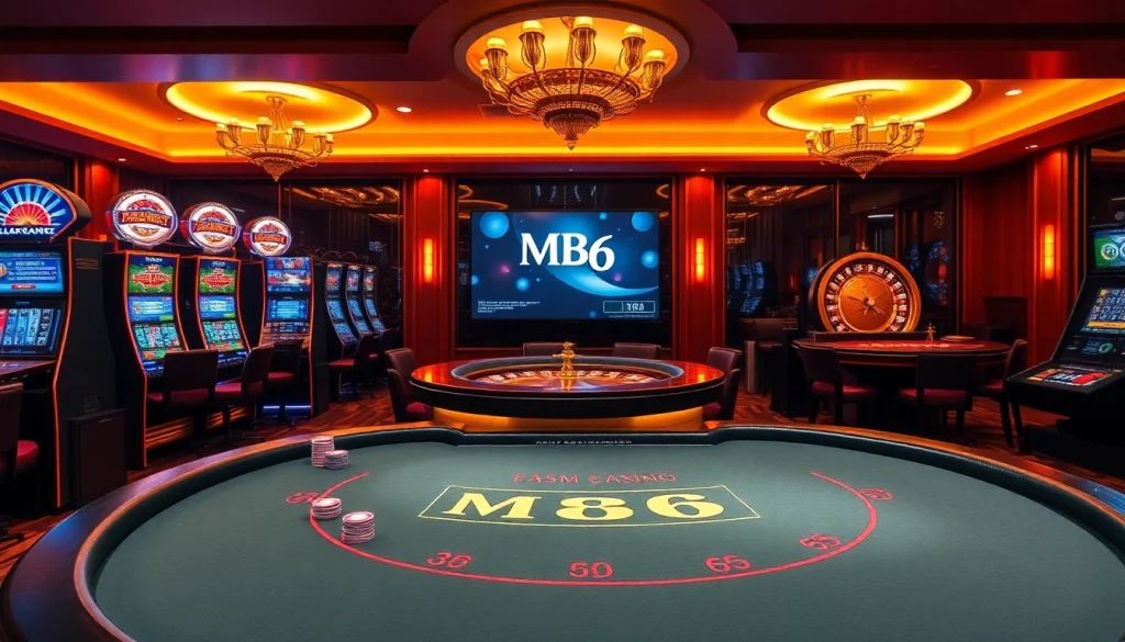 Experience high-stakes gaming at MB66 with vibrant casino tables and engaging dealers.