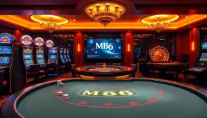 Experience high-stakes gaming at MB66 with vibrant casino tables and engaging dealers.