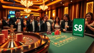 Players enjoying a thrilling game at S8 Casino, featuring an elegant roulette wheel and vibrant chips.
