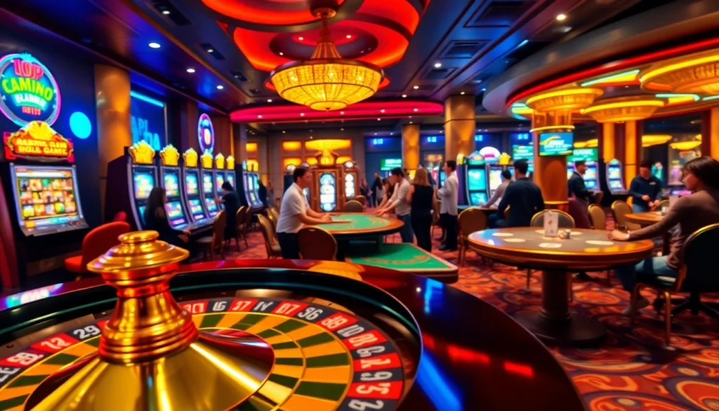 Experience the excitement of casino gaming at apiraja88 with colorful slot machines and cheerful players.