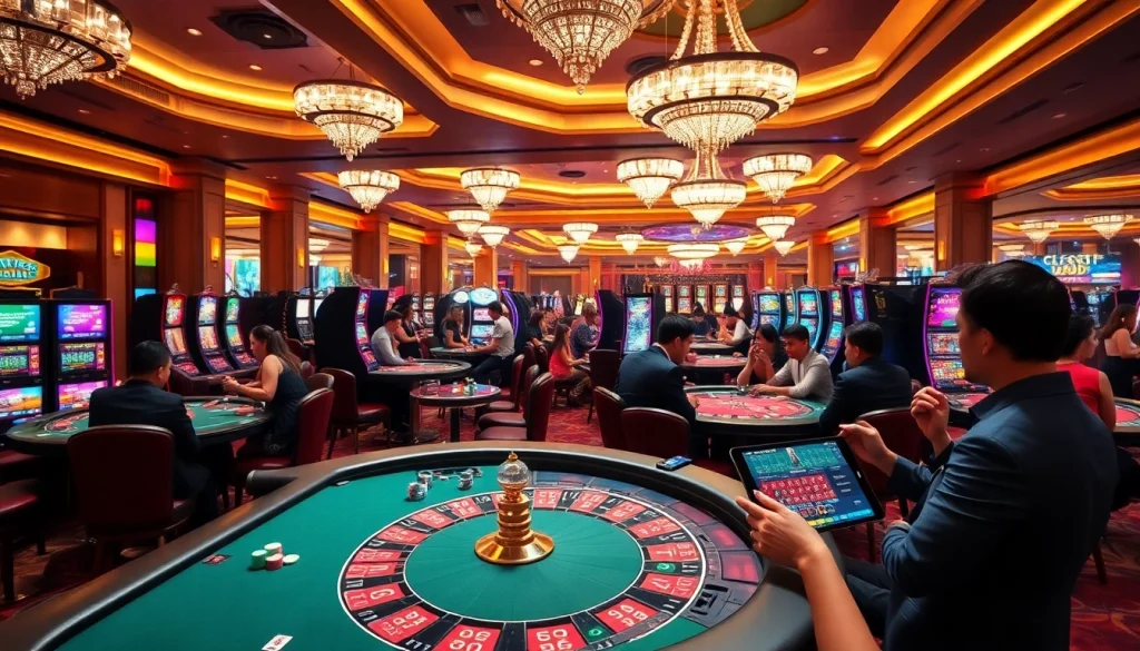 Experience an exciting gambling atmosphere at king333.club with players at roulette and poker tables.