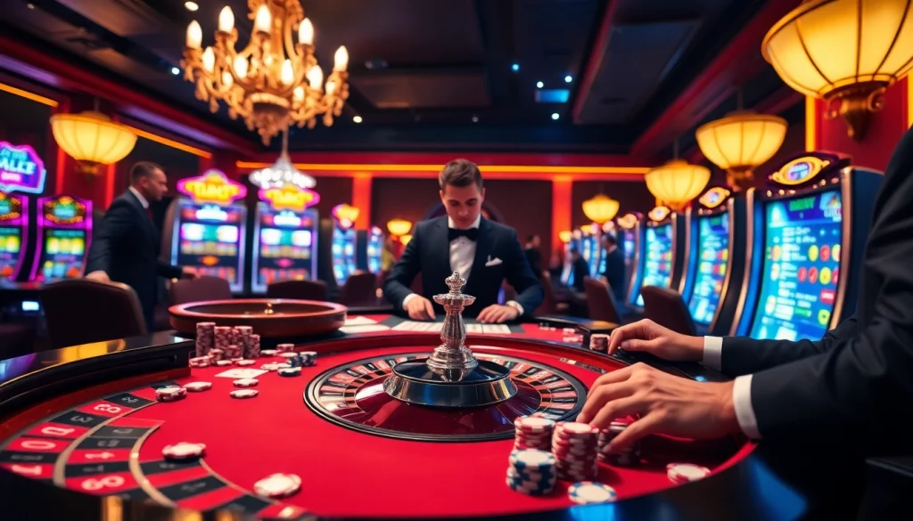 Excited players engaging in a high-stakes game at go-88 casino, surrounded by vibrant slot machines and roulette tables.