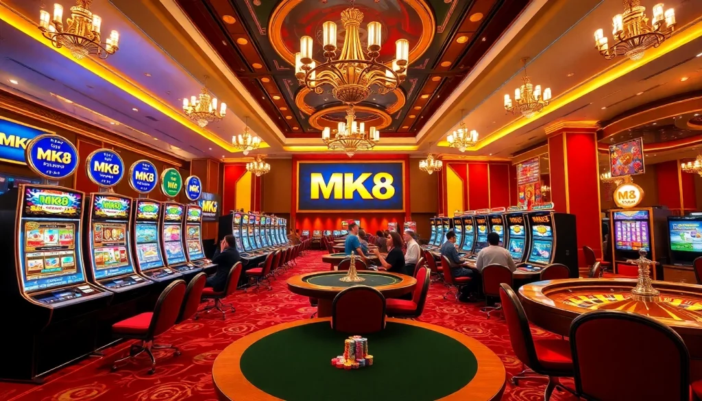 Experience victory at MK8's exciting gaming tables featuring vibrant slot machines and roulette wheels.