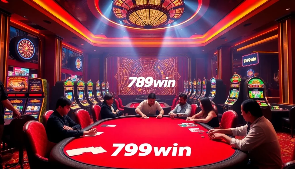 Experience the excitement of 789win with vibrant casino scenes showcasing poker and slots.