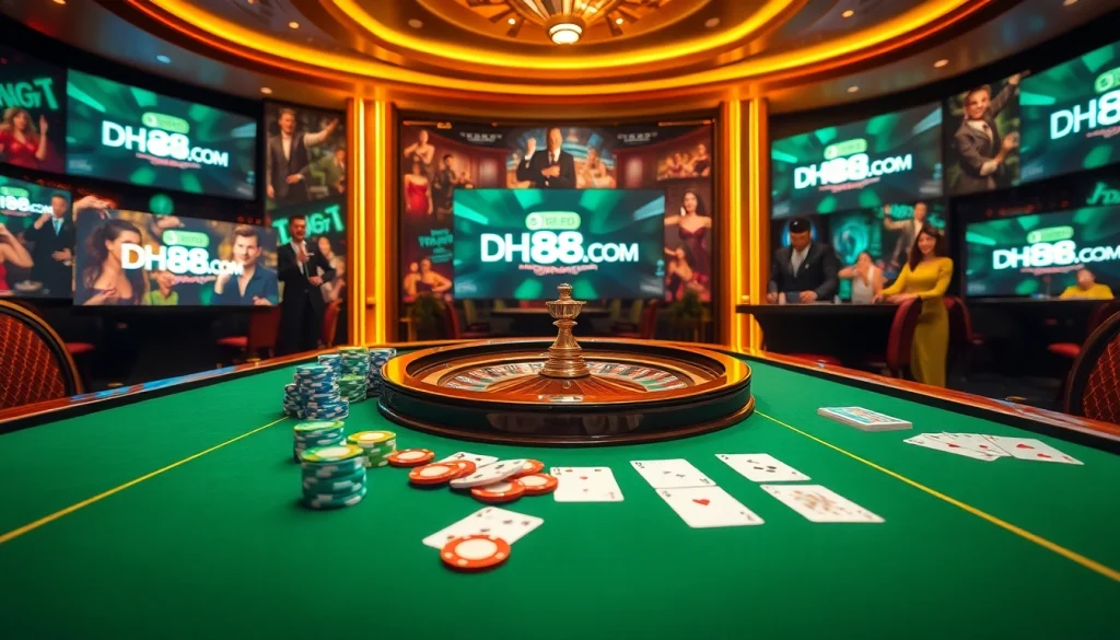 Players enjoy high-stakes gambling at DH88.COM, featuring vibrant poker chips and a roulette wheel.