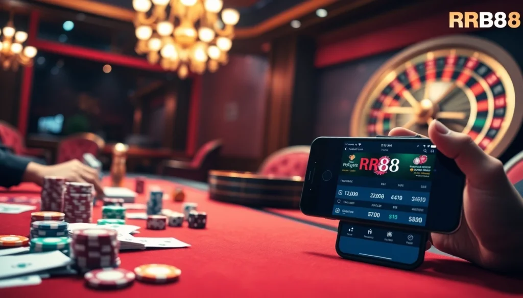 RR88 online gambling scene with vibrant casino elements including poker chips and cards.
