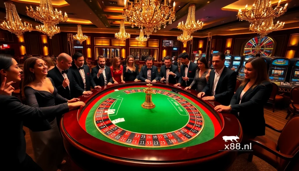 Players enthusiastically gambling at a roulette table with https://xx88.nl/ showcased, capturing the essence of high-stakes excitement and luxury.
