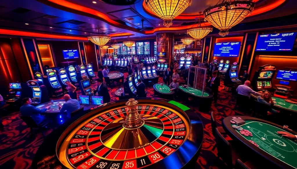 Exciting gaming atmosphere at vipwin79.net with roulette and poker tables.