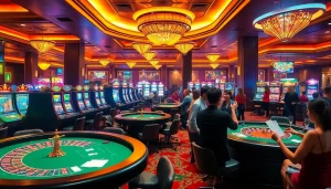Players enjoy gaming excitement at hay 88 casino with vibrant tables and colorful slot machines.
