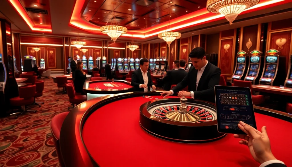 Players engaging at a luxury casino with pahala4d gaming interface visible on a tablet.