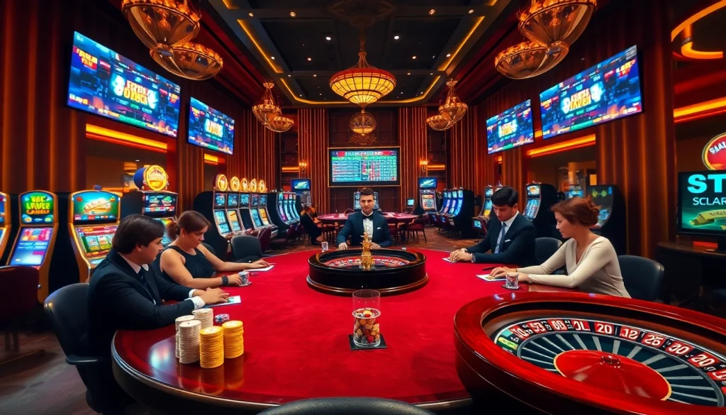 Experience thrilling gameplay at https://kk55.group with a vibrant poker game in a luxurious casino setting.