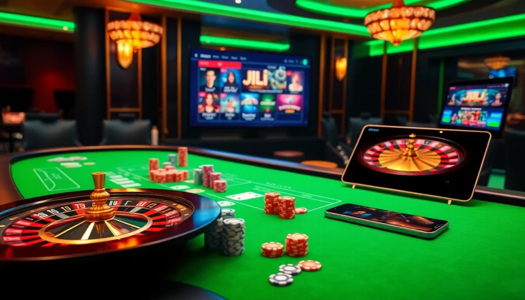 JILI casino table with poker chips and playing cards at an elegant online gaming venue.