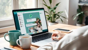 在 WhatsApp Web 界面上活跃的用户，展示快连官网的功能，如消息、语音通话和文件分享。