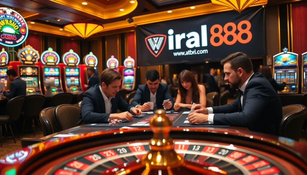 Experience the excitement of viral88 in this vibrant casino scene with poker and slot machines.