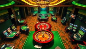A dynamic casino scene showcasing players at 88i engaging with roulette and slot machines, capturing excitement.