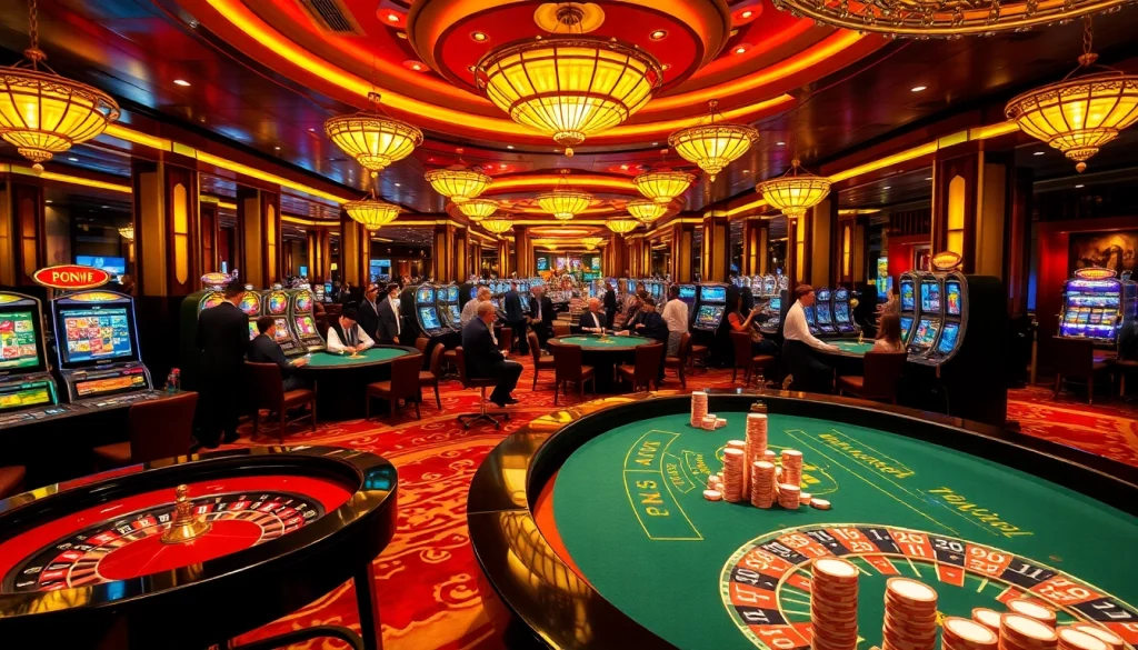 Experience the excitement of 32win with a vibrant luxury casino scene filled with poker tables and slot machines.