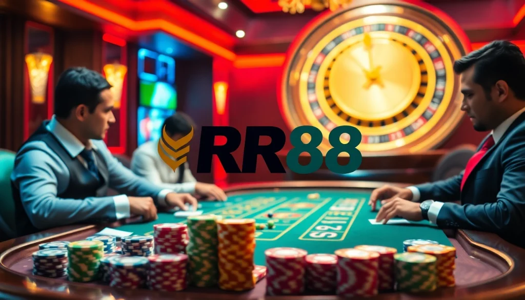 Experience the thrill of RR88 with intense poker action under vibrant casino lights.