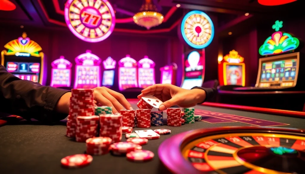 Experience the thrill of poker at a luxurious 7xl casino table illuminated by dynamic lighting.