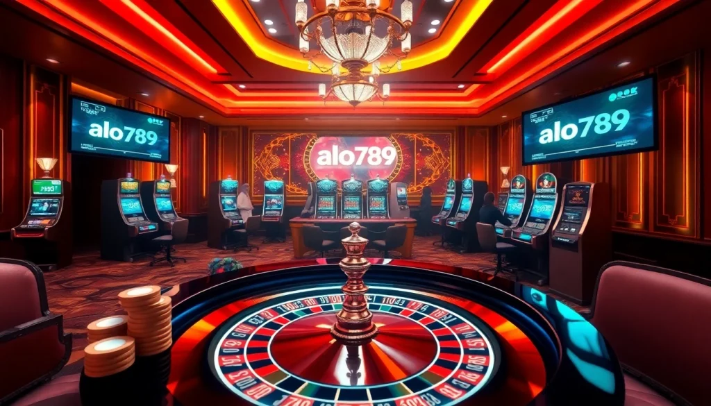 Engage in thrilling gambling at alo789 with poker chips and a roulette table in a luxurious casino setting.