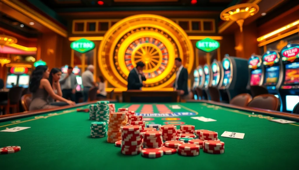 Engaging casino scene showcasing the thrill of gameplay at trang chủ bet88 with vibrant decor and enthusiastic players.