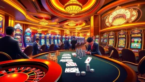 Experience the thrill of gambling at DR88 with vibrant casino visuals featuring roulette wheels and poker chips.
