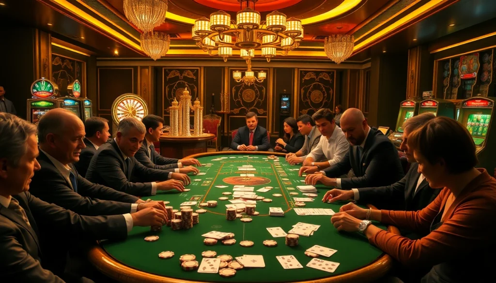 View of a high-stakes poker game at 88i casino, showcasing excitement and luxury in a vibrant setting.