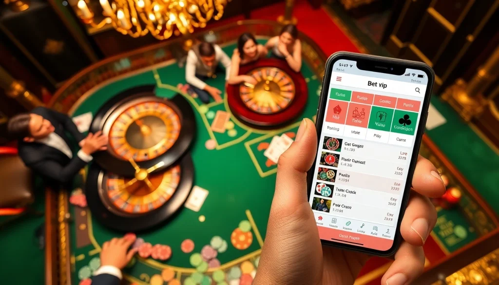 Trải nghiệm sự phấn khích khi cá cược với ứng dụng Bet VIP, giới thiệu cảnh casino đầy kịch tính.