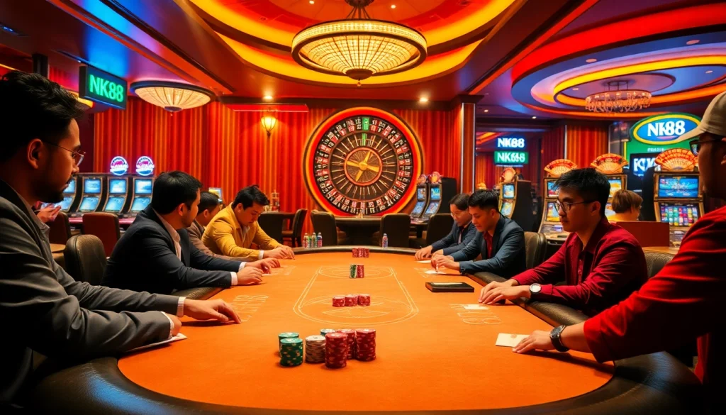 Experience the excitement of NK88 at a bustling poker table filled with players and colorful chips.